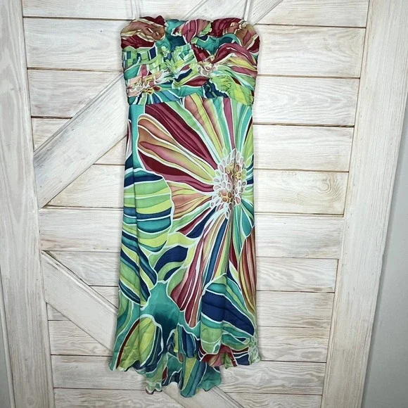 David Meister Strapless Psychedelic Green Floral Ruched Mid Calf Maxi Dress - Picture 1 of 6